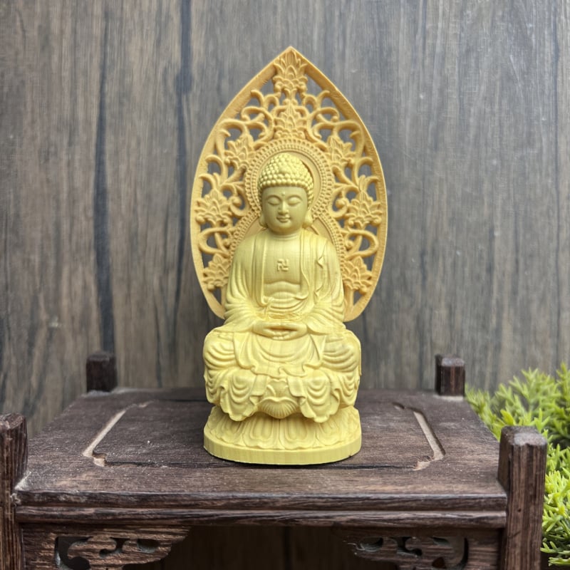 Boxwood резбована Amitabha Buddha статуя за кола – автомобилна украса, декоративно изделие