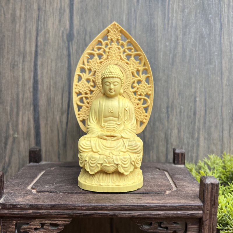 Boxwood резбована Amitabha Buddha статуя за кола – автомобилна украса, декоративно изделие