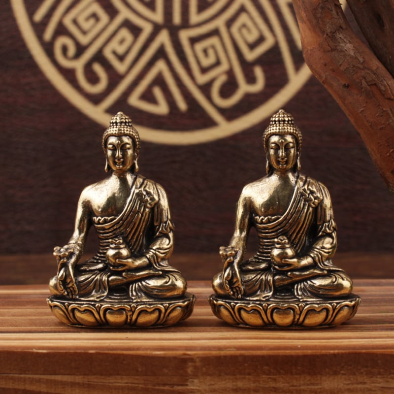 Латунова статуя Guanyin Bodhisattva и Medicine Buddha, настолен декоративен предмет, латуново изделие