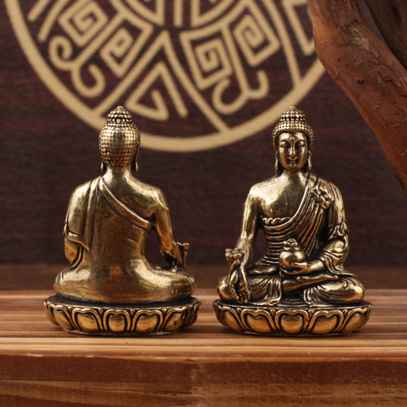 Латунова статуя Guanyin Bodhisattva и Medicine Buddha, настолен декоративен предмет, латуново изделие