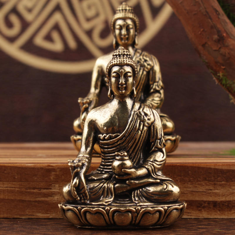Латунова статуя Guanyin Bodhisattva и Medicine Buddha, настолен декоративен предмет, латуново изделие