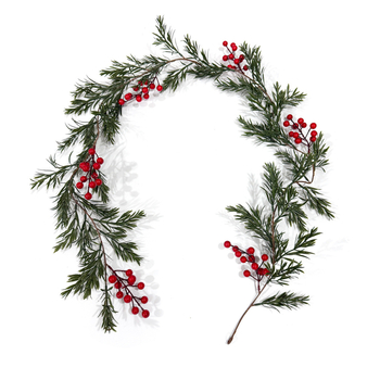 Изкуствено зелено растение Podocarpus, лоза с червени плодове — коледна витрина за дома