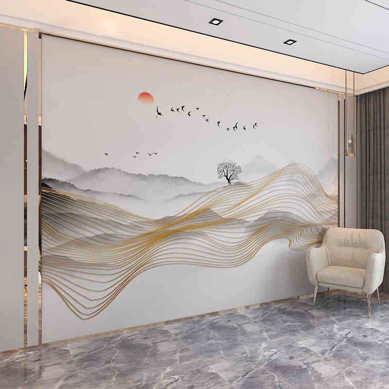 8D стеново платно за телевизор — абстрактни планински линии, безшевен мурал за стена, нов китайски стил за хол и спалня