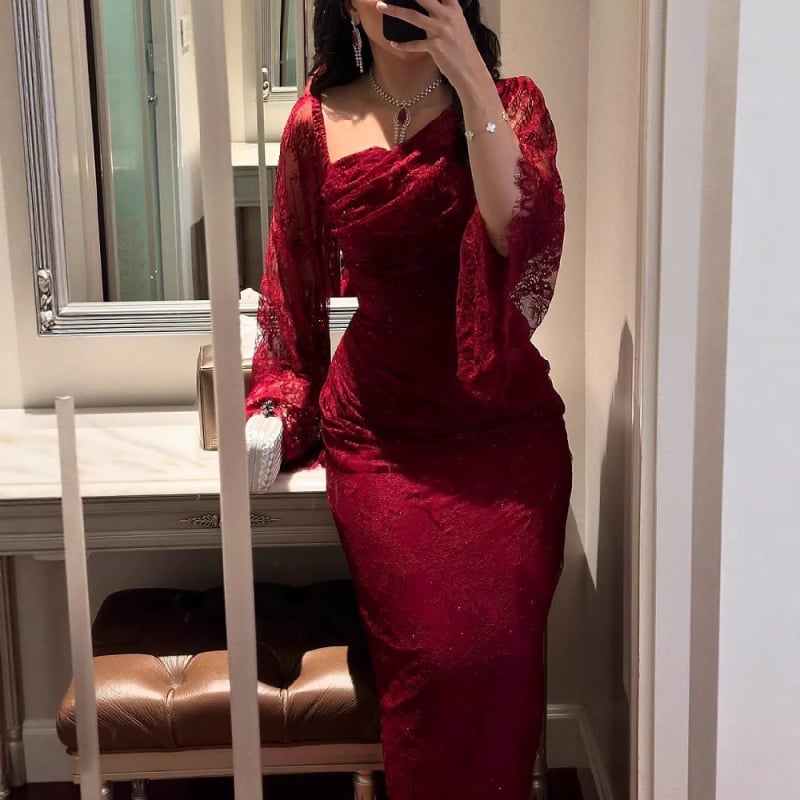 Elegantna ženska večernja haljina s čipkom i kristalima, bodycon kroj, dugi rukavi, duga suknja, za vjenčanje, proljeće 2025