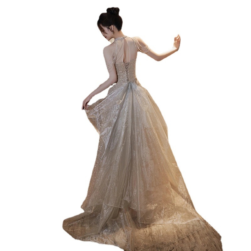 Večernja haljina s halterom, visoke klase, boja šampanjca, duga, za bankete i formalne prilike, elegantan stil društvene dame