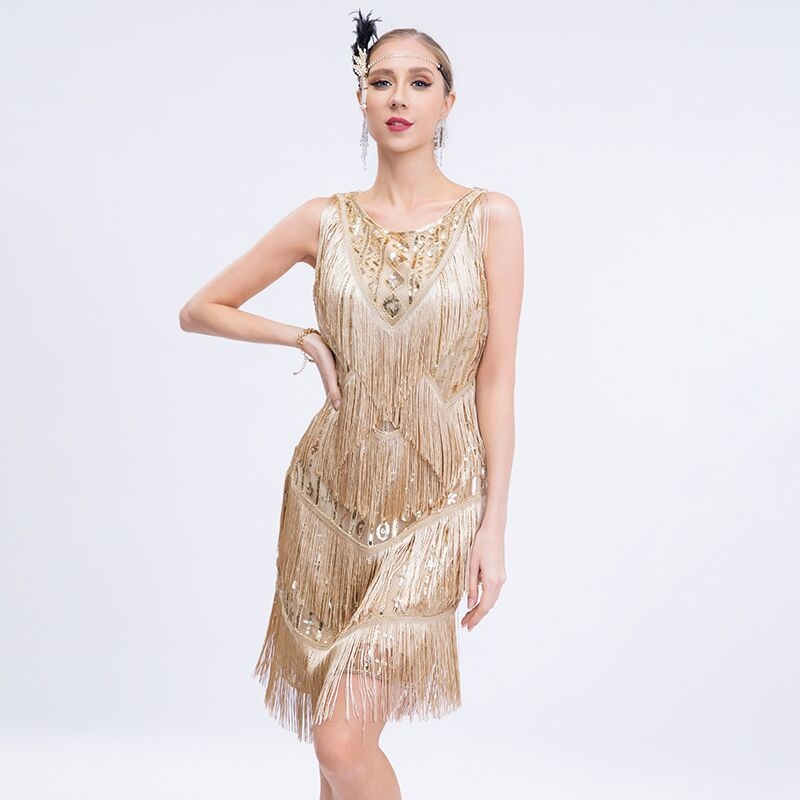1920-ih europska retro haljina sa šljokicama i resicama, Gatsby bal stil, večernja koktel haljina