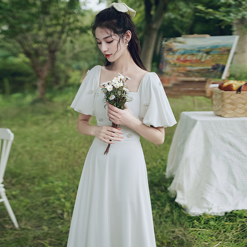 Jesenja duga haljina u francuskom stilu, formalna haljina, A-linija, visok struk, rukavi u stilu princeze, elegantna večernja haljina
