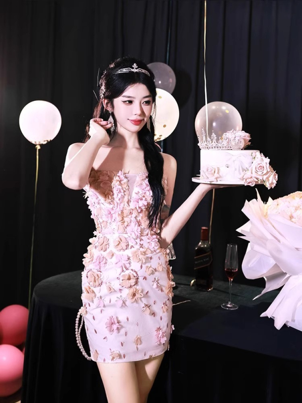 Večernja haljina za zaruke i rođendan, elegantna luksuzna haljina s trodimenzionalnim cvjetovima, top s jednim ramom, bustier, kratka suknja