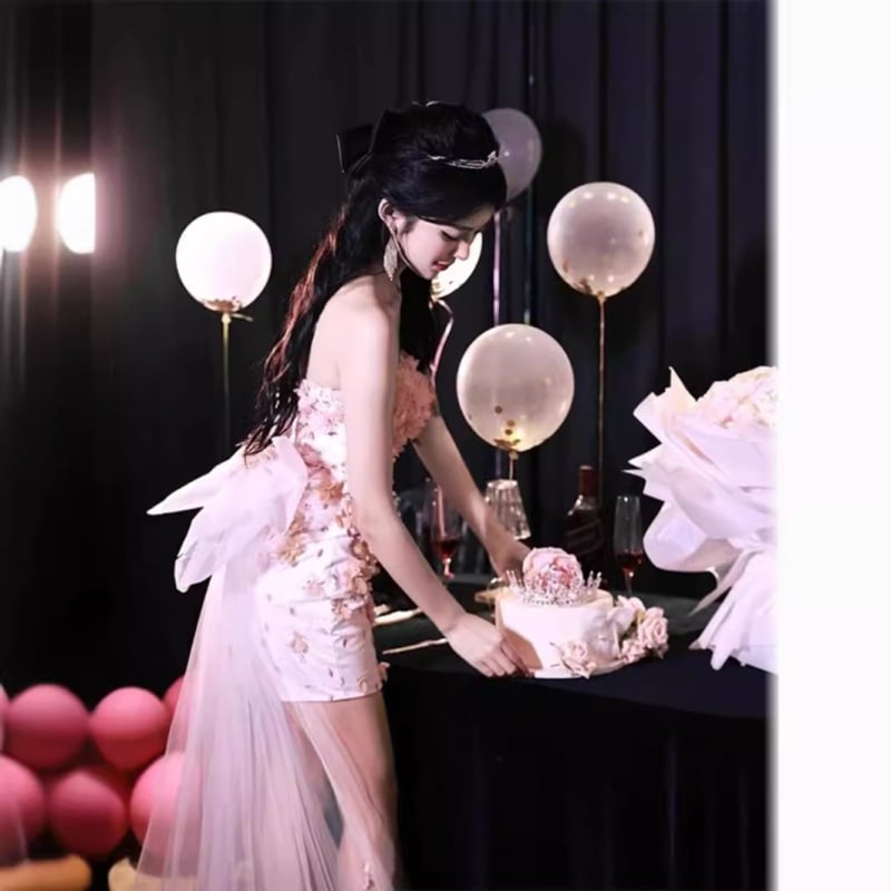 Večernja haljina za zaruke i rođendan, elegantna luksuzna haljina s trodimenzionalnim cvjetovima, top s jednim ramom, bustier, kratka suknja