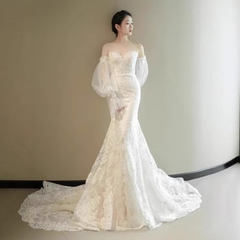 Čipkasta vjenčana haljina s ribljim repom i šlepom, lagana, inspirirana šumom, francuski stil, dugi rukavi