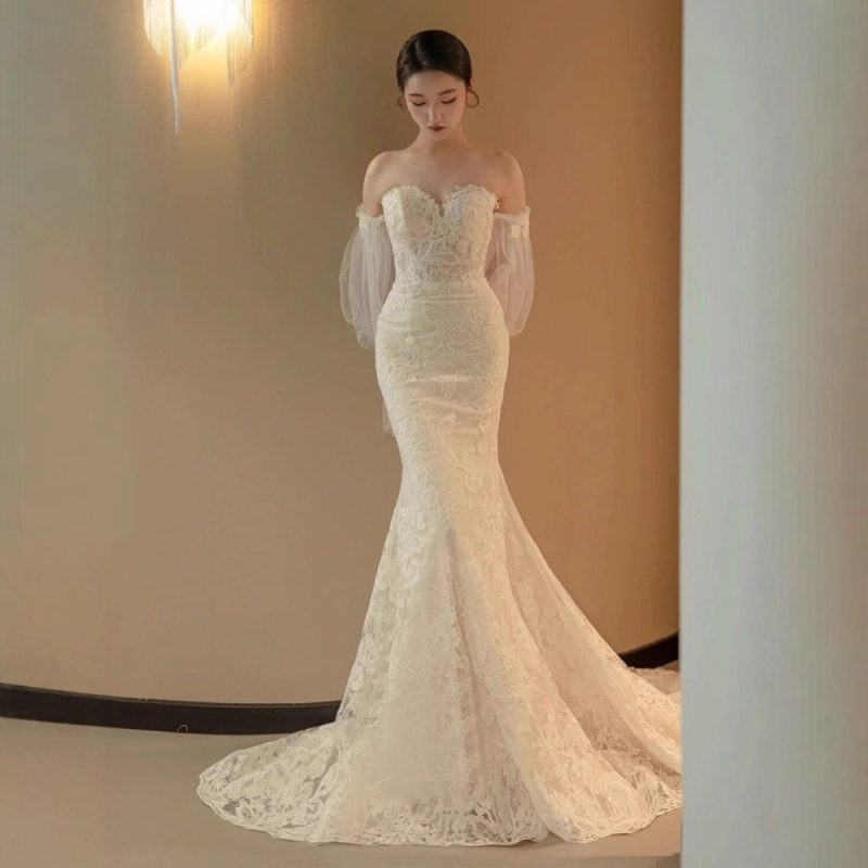 Čipkasta vjenčana haljina s ribljim repom i šlepom, lagana, inspirirana šumom, francuski stil, dugi rukavi