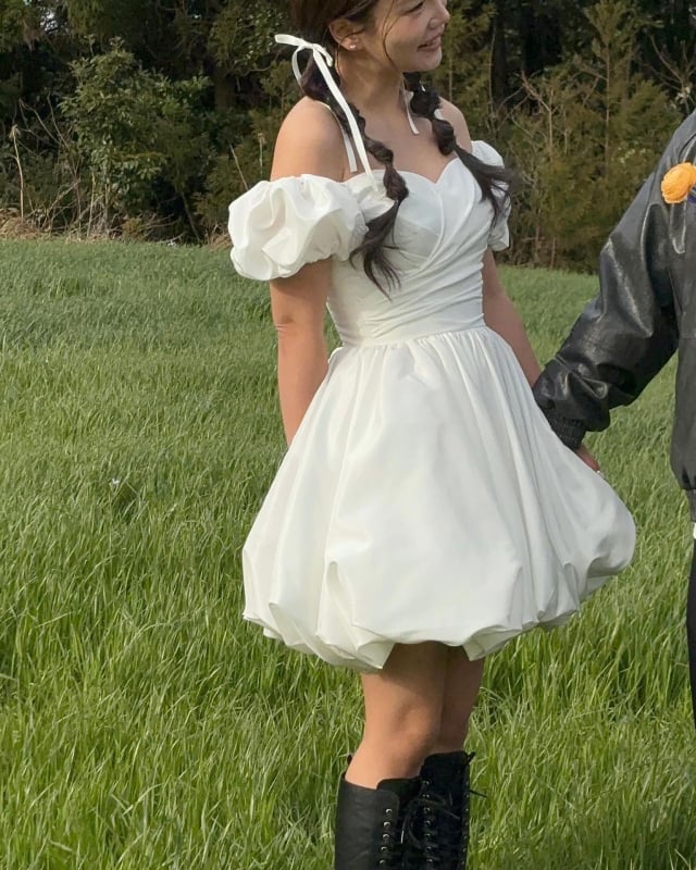 Vjenčana haljina u francuskom stilu, lagana svadbena haljina od satena, jednostavna puff suknja, bez naramenica, kratka, 3/4 rukav, pogodna za fotografiranje na otvorenom, zaruke i civilnu registraciju
