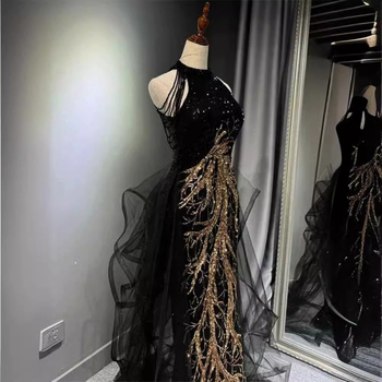 Nova crna večernja haljina s halter vratom, uska silueta, elegantan fishtail kroj, pogodna za vjenčanja u proljeće