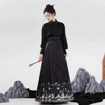 Ženski Ming Hanfu set: bluza s stojećim ovratnikom i crna suknja s cloisonné ukrašivanjem, novi kineski stil, ljetni svakodnevni outfit