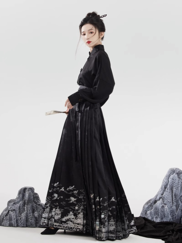 Ženski Ming Hanfu set: bluza s stojećim ovratnikom i crna suknja s cloisonné ukrašivanjem, novi kineski stil, ljetni svakodnevni outfit