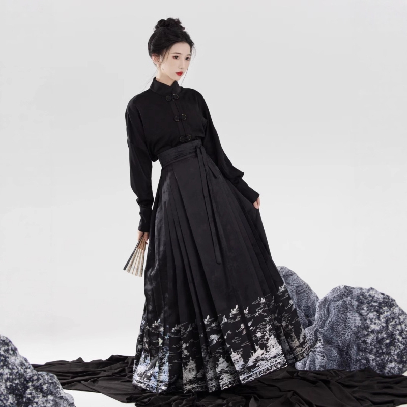 Ženski Ming Hanfu set: bluza s stojećim ovratnikom i crna suknja s cloisonné ukrašivanjem, novi kineski stil, ljetni svakodnevni outfit