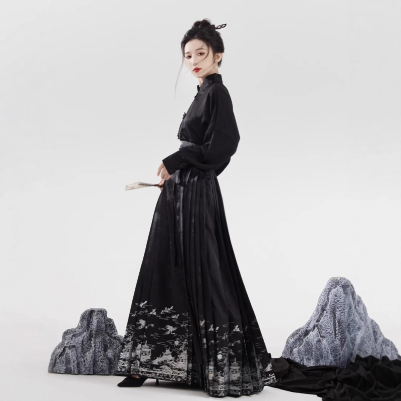 Ženski Ming Hanfu set: bluza s stojećim ovratnikom i crna suknja s cloisonné ukrašivanjem, novi kineski stil, ljetni svakodnevni outfit