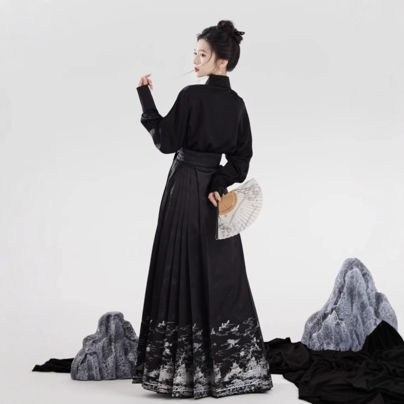Ženski Ming Hanfu set: bluza s stojećim ovratnikom i crna suknja s cloisonné ukrašivanjem, novi kineski stil, ljetni svakodnevni outfit