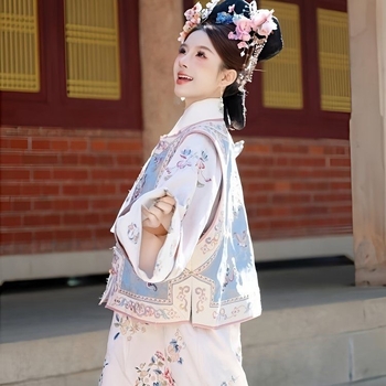 Hanfu za žene iz dinastije Qing s cvjetnim uzorkom, dvodijelni set za putnu fotografiju, dvorni stil cheongsama