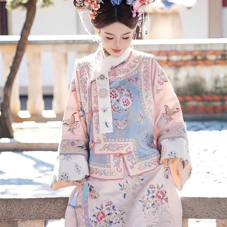 Hanfu za žene iz dinastije Qing s cvjetnim uzorkom, dvodijelni set za putnu fotografiju, dvorni stil cheongsama