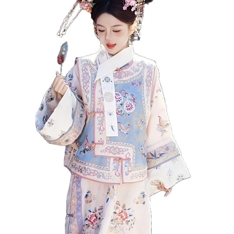 Hanfu za žene iz dinastije Qing s cvjetnim uzorkom, dvodijelni set za putnu fotografiju, dvorni stil cheongsama