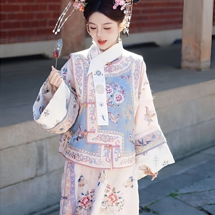 Hanfu za žene iz dinastije Qing s cvjetnim uzorkom, dvodijelni set za putnu fotografiju, dvorni stil cheongsama