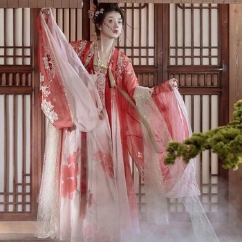 Hanfu u Tang stilu za žene s raskošnom vezom, suknja visokog struka i bluza s širokim rukavima, proljetno-ljetni model, vitka silueta