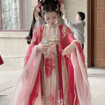 Hanfu u Tang stilu za žene s raskošnom vezom, suknja visokog struka i bluza s širokim rukavima, proljetno-ljetni model, vitka silueta
