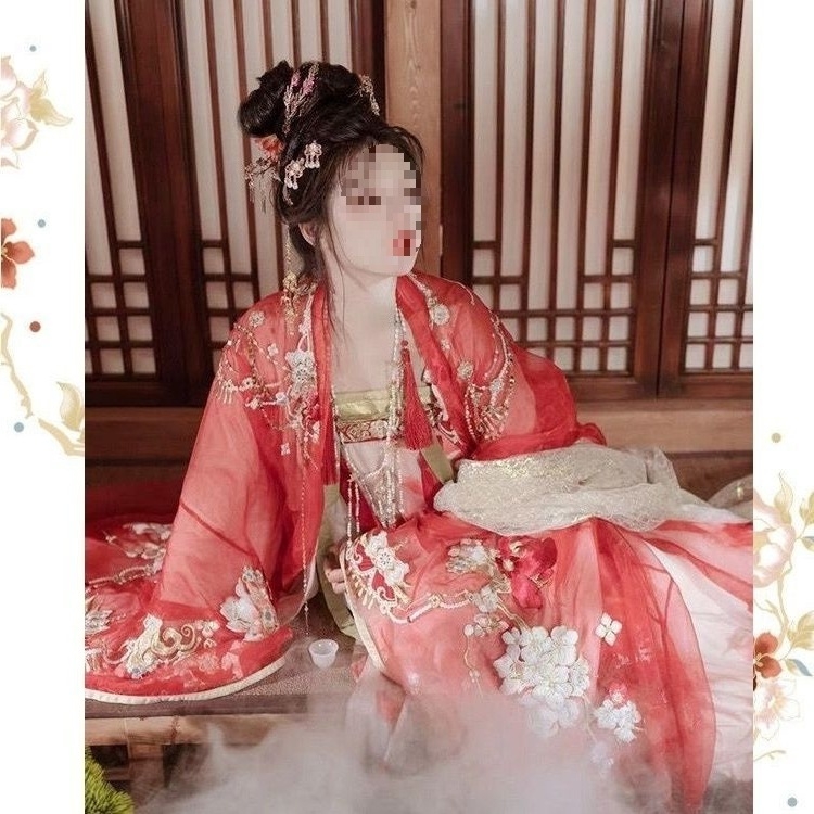 Hanfu u Tang stilu za žene s raskošnom vezom, suknja visokog struka i bluza s širokim rukavima, proljetno-ljetni model, vitka silueta