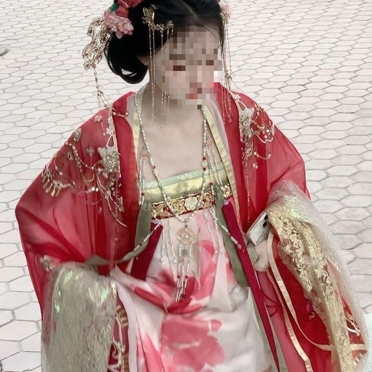 Hanfu u Tang stilu za žene s raskošnom vezom, suknja visokog struka i bluza s širokim rukavima, proljetno-ljetni model, vitka silueta
