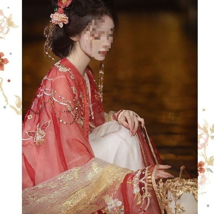 Hanfu u Tang stilu za žene s raskošnom vezom, suknja visokog struka i bluza s širokim rukavima, proljetno-ljetni model, vitka silueta