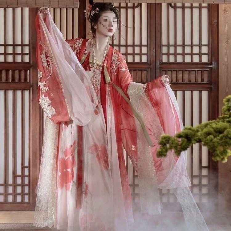Hanfu u Tang stilu za žene s raskošnom vezom, suknja visokog struka i bluza s širokim rukavima, proljetno-ljetni model, vitka silueta