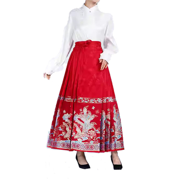 Crvena Mamian suknja, Hanfu u Ming stilu za žene, srednje duljine, zlatno tkano s cvjetnim uzorkom, poboljšana polusuknja