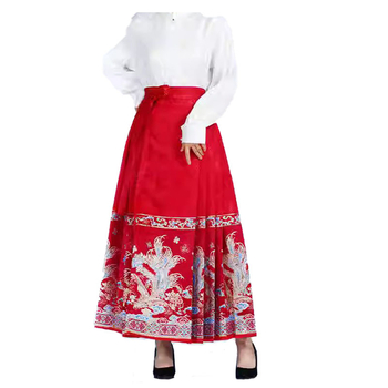 Crvena Mamian suknja, Hanfu u Ming stilu za žene, srednje duljine, zlatno tkano s cvjetnim uzorkom, poboljšana polusuknja
