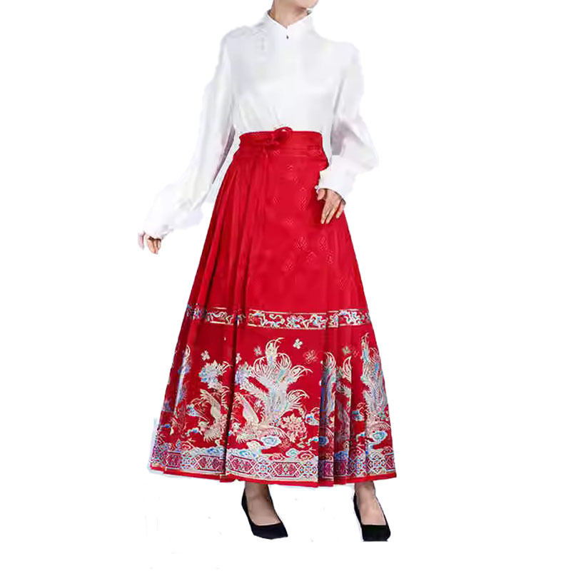 Crvena Mamian suknja, Hanfu u Ming stilu za žene, srednje duljine, zlatno tkano s cvjetnim uzorkom, poboljšana polusuknja