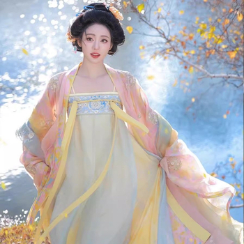 Odrasli Hanfu u Tang stilu s blistavim sjajem, do prsniha kratka duljina, široki rukavi i raskošna izvezena, svakodnevni eterični outfit za proljeće, ljeto i jesen