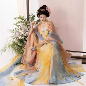 Odrasli Hanfu u Tang stilu s blistavim sjajem, do prsniha kratka duljina, široki rukavi i raskošna izvezena, svakodnevni eterični outfit za proljeće, ljeto i jesen