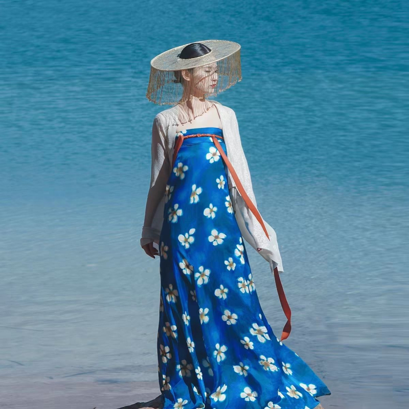 Jedinstvena Hanfu replika u Tang stilu s plavim glazurom i cvjetnim uzorkom, jednodijelna suknja iz dinastije Tang, proljetno-ljetni outfit iz hrama Famen i ostali komadi