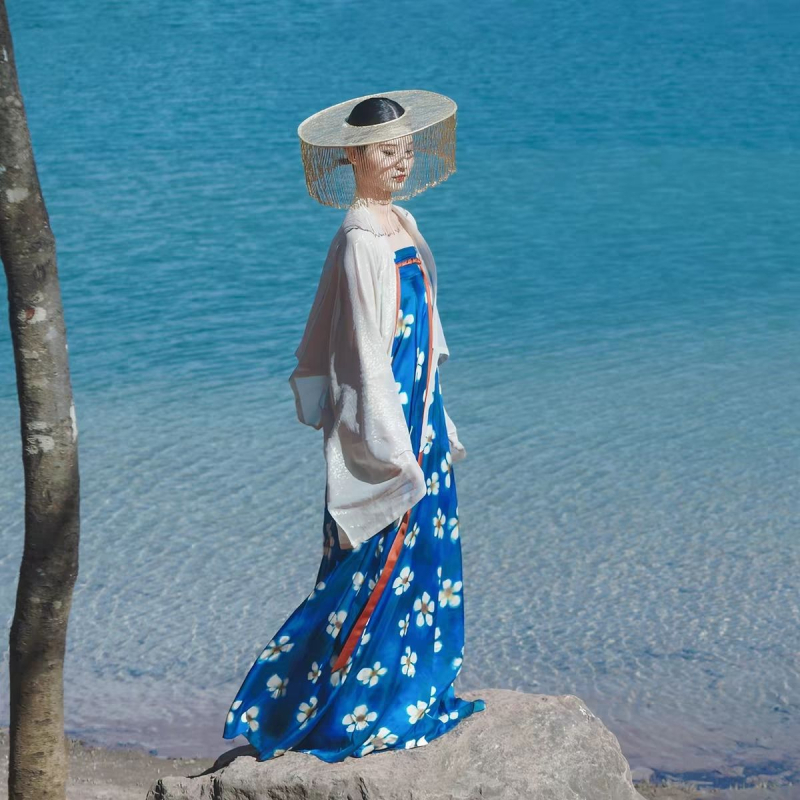 Jedinstvena Hanfu replika u Tang stilu s plavim glazurom i cvjetnim uzorkom, jednodijelna suknja iz dinastije Tang, proljetno-ljetni outfit iz hrama Famen i ostali komadi