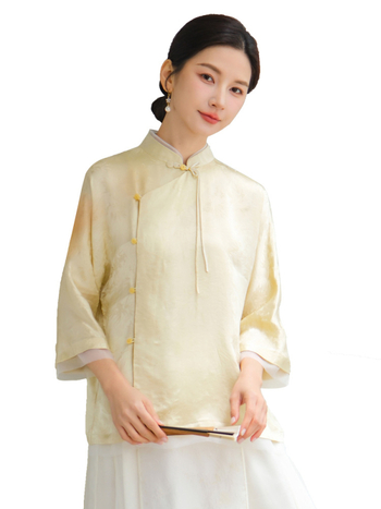 Qing shuzhai női kínai stílusú felső V-nyakkal és jacquard szövésű, Tang-kori ihletés, kézzel készített csomózós zárak