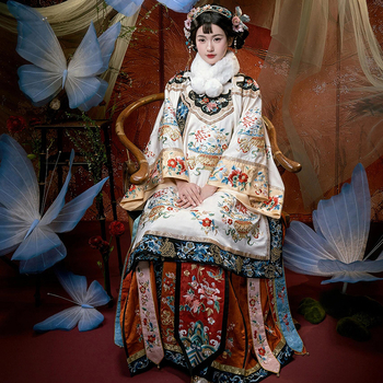 Hanfu inspirirani etnički tradicionalni kostim Jin trgovaca s teškim izvezenim printom, ženski komplet u Qing stilu s kaputom i suknjom s panelnim uzorkom