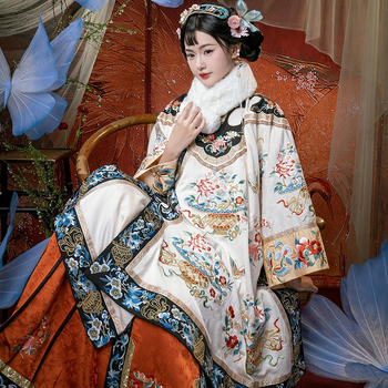 Hanfu inspirirani etnički tradicionalni kostim Jin trgovaca s teškim izvezenim printom, ženski komplet u Qing stilu s kaputom i suknjom s panelnim uzorkom