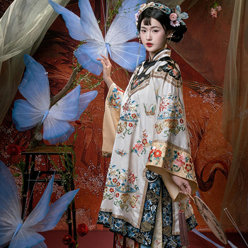 Hanfu inspirirani etnički tradicionalni kostim Jin trgovaca s teškim izvezenim printom, ženski komplet u Qing stilu s kaputom i suknjom s panelnim uzorkom