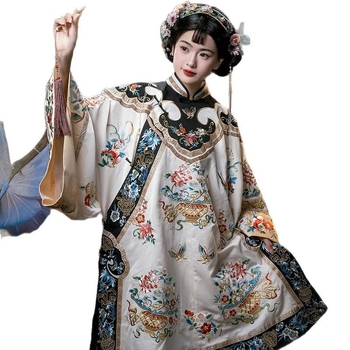 Hanfu inspirirani etnički tradicionalni kostim Jin trgovaca s teškim izvezenim printom, ženski komplet u Qing stilu s kaputom i suknjom s panelnim uzorkom