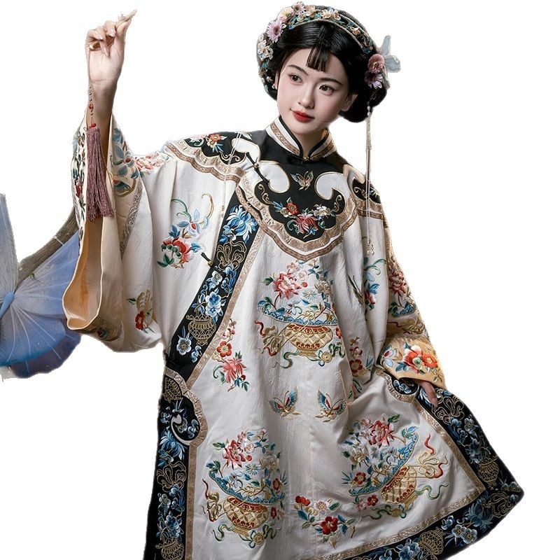 Hanfu inspirirani etnički tradicionalni kostim Jin trgovaca s teškim izvezenim printom, ženski komplet u Qing stilu s kaputom i suknjom s panelnim uzorkom