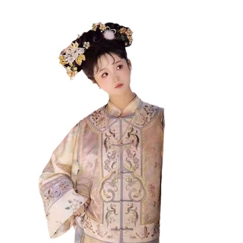 Hanfu stil izvezeni qipao prsluk s kontrastnim bojama, Ming stil zimski komplet kaput i suknja s preklopnim ovratnikom