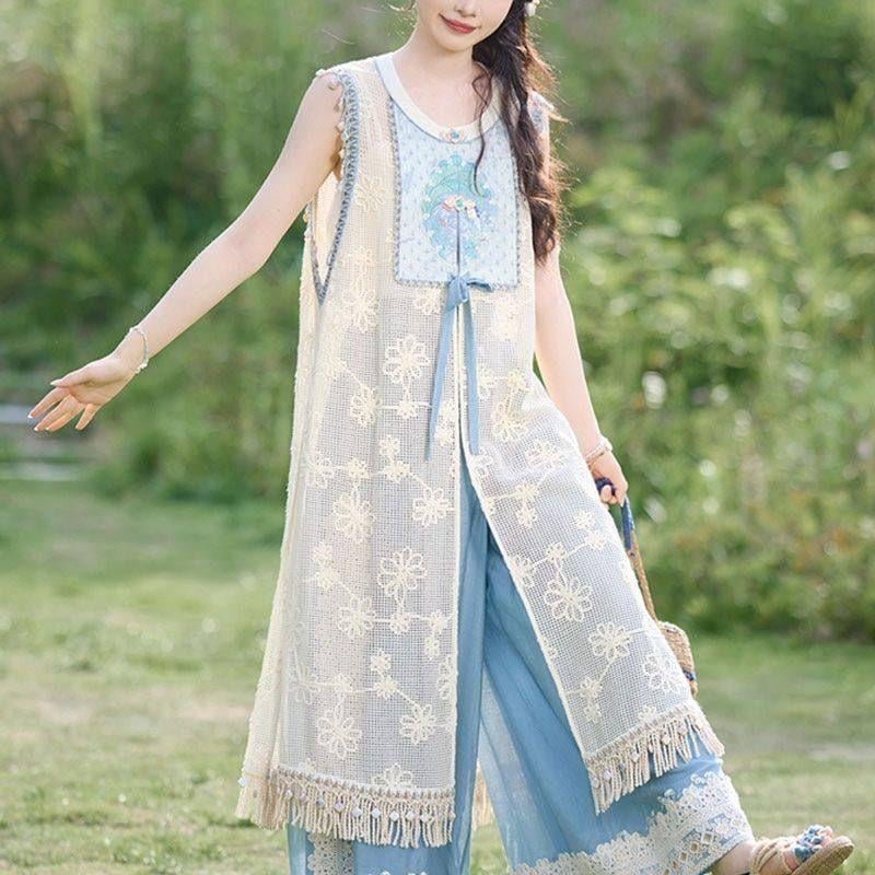Novi kineski stil 2025: muški ljetni Hanfu pleteni komplet s hlačama, svjež izgled