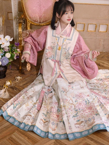 Ming stil Hanfu set za žene, suknja s prednjim panelom i kratka jakna s bogatom vezom, ružičasta, nadahnuto Tang dinastijom, prozračan izgled za proljeće i jesen