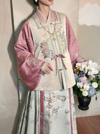 Ming stil Hanfu set za žene, suknja s prednjim panelom i kratka jakna s bogatom vezom, ružičasta, nadahnuto Tang dinastijom, prozračan izgled za proljeće i jesen