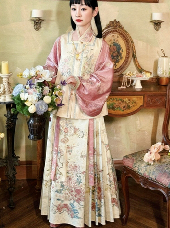 Ming stil Hanfu set za žene, suknja s prednjim panelom i kratka jakna s bogatom vezom, ružičasta, nadahnuto Tang dinastijom, prozračan izgled za proljeće i jesen